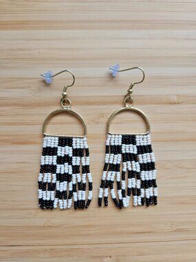 Ink + Alloy Allison Checkered Beaded Fringe Earrings (black/white)